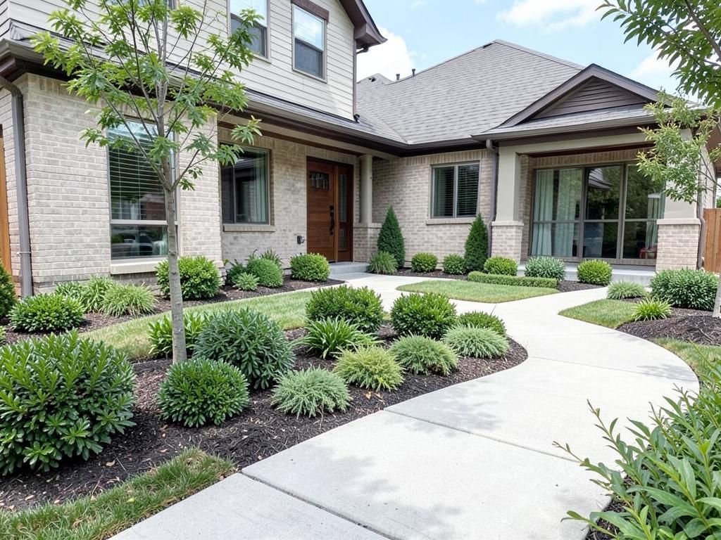 Concept image of a tidy front yard with garden beds, low shrubs and a curved walkway