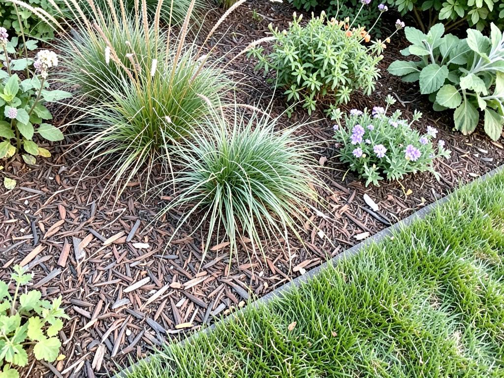 Concept image of a mulched garden bed with ornamental grasses beside a trimmed lawn edge